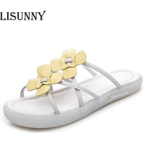 LISUNNY Womens Shoes Genuine Leather Slippers Female 2021 New Summer Sweet Flower Flat Flip Flops With Soft Soles Large size 42