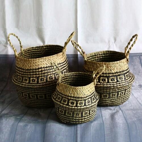 Foldable Straw Flowerpot Seagrass Storage Basket Portable Clothes Laundry Organizer Handmade Rattan Flower Baskets with Handle