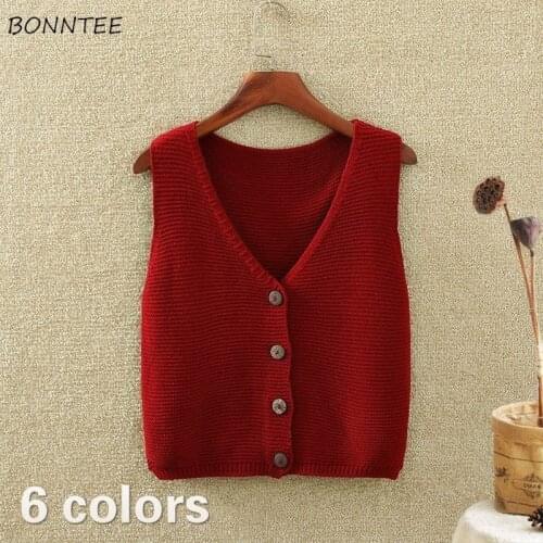 Sweater Vest Women Single Breasted Button Sleeveless V-neck Knitting Korea Solid Short Retro Streetwear Top Clothing Womens Chic