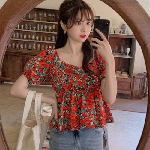 DAXIN Womens Floral Printed Blouses Square Collar Beach Style Short Sleeve Korean Style Shirts