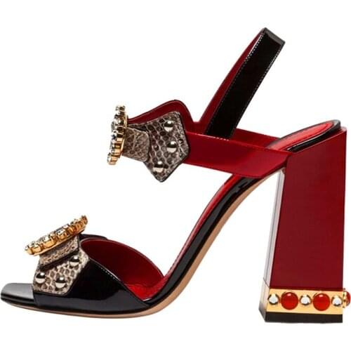 Fashion Crystal Jeweled Heels Belt Buckle Sandals For Women Summer Chunky High Heel Buckle Strap Female Catwalk Dress Shoes
