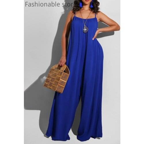 Women Casual Loose Spaghetti Strap Square Neck Wide Leg Jumpsuit