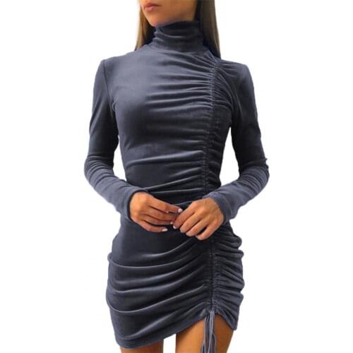 Bodycon Dress Women Drawstring Turtleneck Autumn Winter Slim Solid Color Long Sleeve Dress Streetwear Elegant Party Dress Women