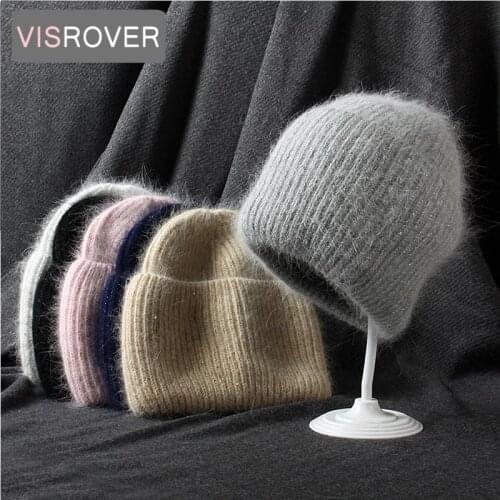 VISROVER 15 Colorways Winter Beanies with Sequin Rabbit Fur Autumn Bonnet Acrylic Woman Soft Warm Skullies Female Cap Wholesale