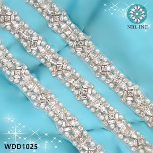 10 yards) Wholesale bridal hand beaded sewing pearl crystal rhinestone applique trim iron on for wedding dress WDD1025