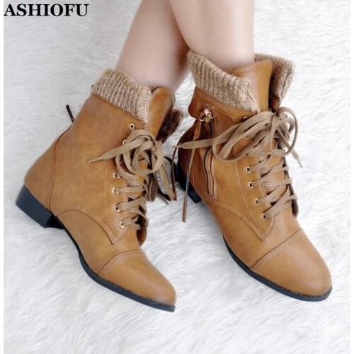 ASHIOFU Handmade Vintage Ladies Low-heel Boots Lace-up Party Prom Winter Ankle Boots Large Size Evening Western Fashion Boots