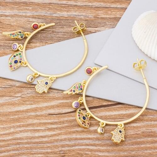 Bohemian Gold Color Copper Rainbow CZ Stone Drop Earrings Fashion Big Circle Hoops Statement Earrings For Women Party Jewelry