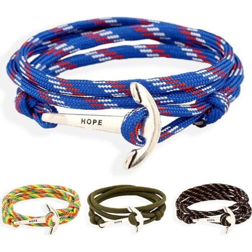 More Rope Chain Paracord Bracelet Fashion Jewelry Silver Alloy Hope Anchor Bracelet Multilayer For Women Men Friendship Gift