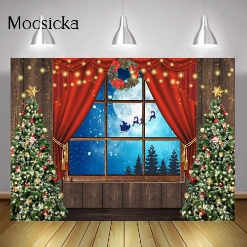 Christmas Window Portrait Backdrop Winter Red Curtain Rustic Wood Background Christmas Trees Winter Night Wonderland Photography