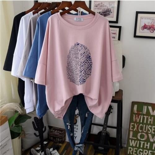 Summer Women Loose Print Casual T Shirt Batwing Sleeve Round Neck Plus Size Cotton Casual Tunic Tee Top One Size for All
