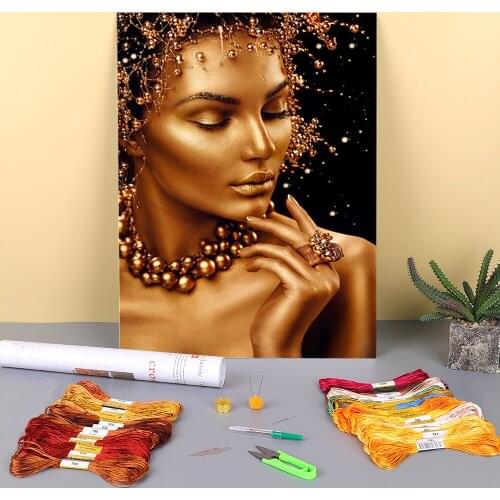 Black And Gold Woman Printed Canvas 11CT Cross-Stitch Complete Kit Embroidery DMC Threads Knitting Sewing Handiwork Design
