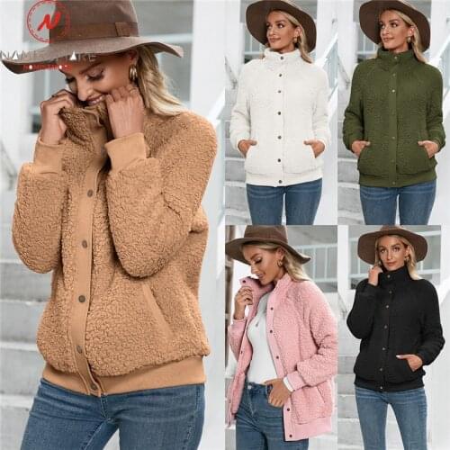 Women Autumn Solid Color Plush Warm Jacket Single-Breasted Design Pockets Decor Turn-down Collar Long Sleeve Cardigan Coat
