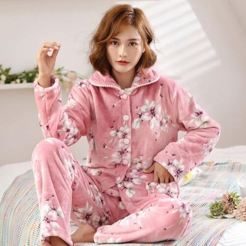 Autumn And Winter Coral Velvet Pajamas Ladies Thickening Velvet Warm Plus Size Middle-Aged And Elderly Mothers Sleepwear