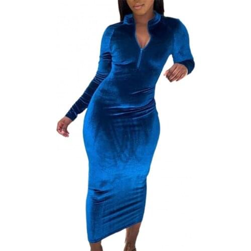 Sexy Women Dresses Solid Color Long Sleeve V Neck Slim Zipper Party Evening Long Dress Bodycon Fashion Elegant Dresses платье