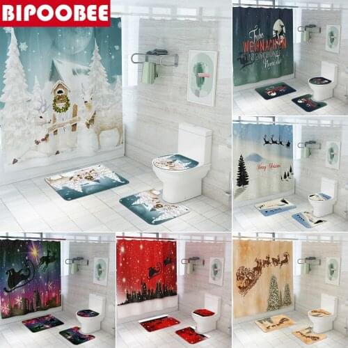 Merry Christmas Bathroom Set Festival Shower Curtain Santa Claus Elk Bath Mat Non Slip Carpet Toilet Cover Floor Rugs Home Decor