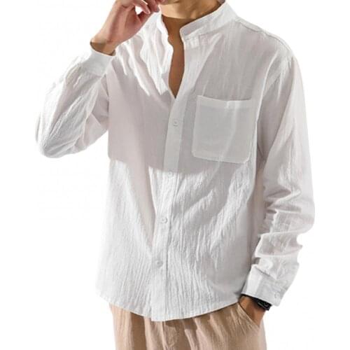 Fashion Men Solid Color Pocket Stand Collar Buttons Shirt Top Cotton Linen Loose Coat for Daily Life