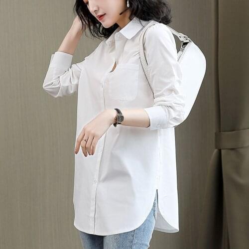 Casual Blouse Shirts Long Sleeve Lapel Tunic Tops Solid Mid-length Loose 2021 Autumn Pleated Irregular Split Hem Chic Blusas