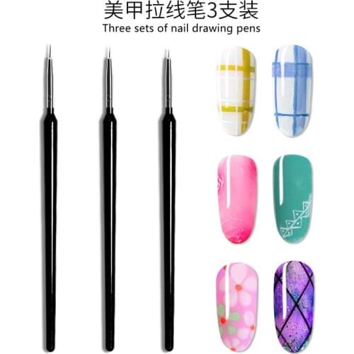 Nail Color Painting Pen 3 Pull Pen Set Black Rod Carving Brush Flower Hook Line Pen Nail Enhancement Tool Nail Art Brush Nails