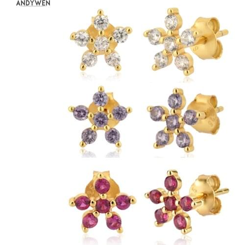 ANDYWEN 925 Sterling Silver Five Zircon Flower Stud Earring Women Fashion Crystal CZ Piercing Ohrringe Pendiente Wedding Jewelry