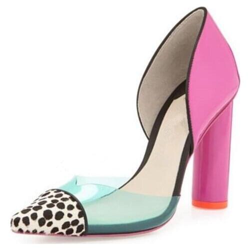 Spring heels for woman leoparnd pointed toe PVC thick high heels cut-outs dress pumps patchwork cover heel super high heel shoes