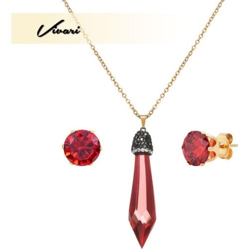 Vivari Trendy Crystal Pillar Pendant Long Necklace Earring Stud For Women Spike Pattern Distinct Edges and Corners Jewelry Set