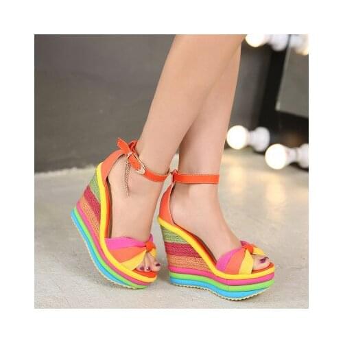 Big Size 35-43 Rainbow Shoes Wedges Sandals Straw Slope Heel High Heels Peep Toe Women Boho Wedge Shoes Kawaii Sweet Sandals New