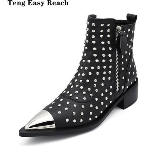 Womens Boots Ankle Boots Women Genuine Leather Autumn Winter Botas Platform Short Booties Female Rivets Studded