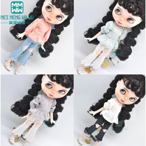 1pcs Blyth Doll Clothes Lantern sleeve shirt, ripped jeans for Blyth Azone OB23 OB24 1/6 doll accessories