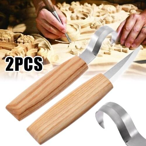2Pcs Wood Carving Knife Chisel Woodworking Hand Tool Set Peeling Cutter + Curved Cutter Woodwork Sculptural Spoon Carving Tool