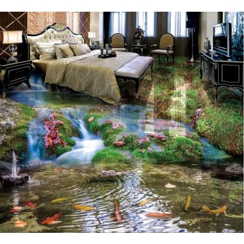 3d Flooring 3d-landscape-wallpaper Waterfall nine fish 3d floor painting self adhesive stereoscopic wallpaper