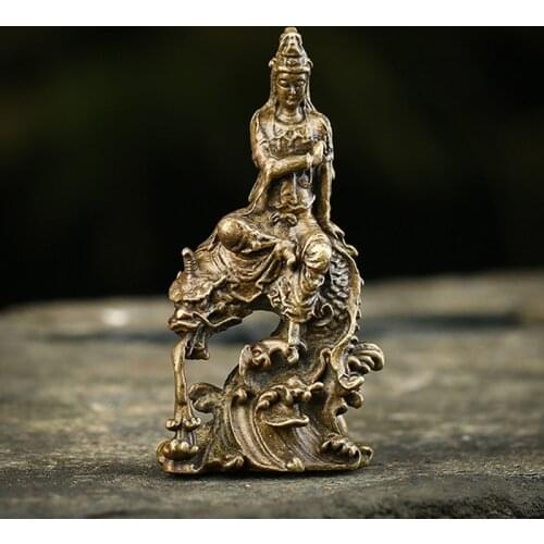 Antique Bronze Pocket Guan Yin Riding Dragon Buddha Statue Desk Ornaments Copper Sculpture Miniature Figurines Home Decorations
