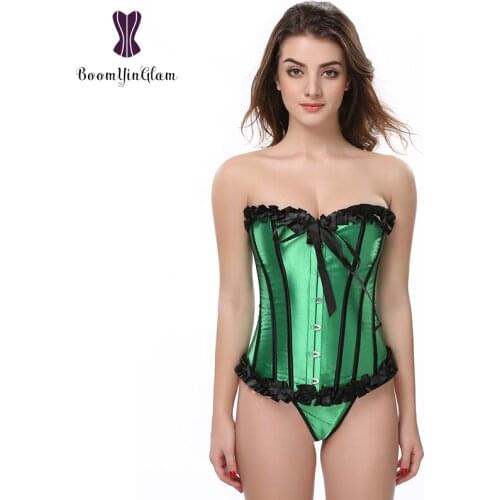 896 Wholesale price metal clips satin green corselet slimming waist costume fashion bow corset foe women