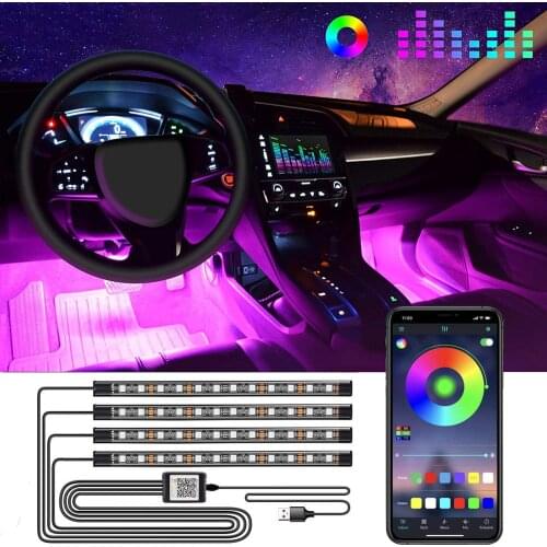 Car Interior Light RGB 48 LED Decorative Light Strip With USB Wireless Remote Music Control Multiple Modes Car Foot Light