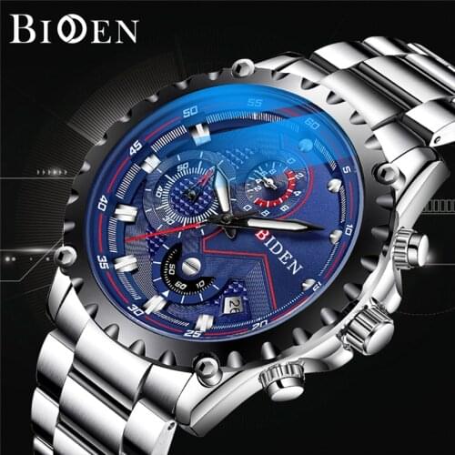 BIDEN New Men Quartz Watch Chronograph Sport Waterproof Wristwatch For Mens Watches Stainless Steel Calendar Luminous montre