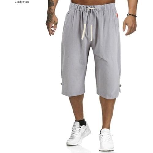 Harem Beach Cotton Linen Pants Mens Casual Elastic Waist Linen Capri Wide Leg Baggy Drawstring Pocket Trouser Loose For Holiday