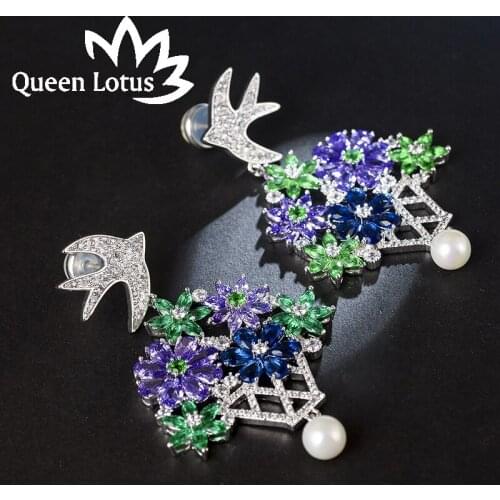 Queen Lotus Korean Fashion 2018 Crystal Earrings for Women Swallow Drop Flower Pearl Earrings Jewelry Colorful Cubic Female Gift