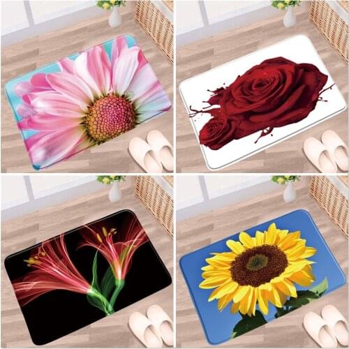 Plant Flower Bathroom Mat Daisy Rose Sunflower Butterfly Color Floral Non-Slip Rug Flannel Fabric Kitchen Doorway Aisle Carpets