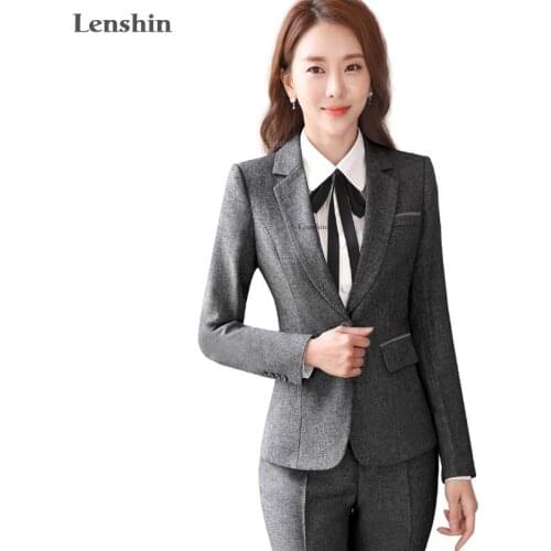 Lenshin 2 Piece Ladies Formal Pant Suit Office Uniform Designs Women Business Suits Dark Gray Blazer For work Autumn Wear