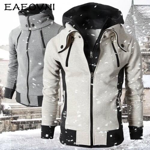 EAEOVNI 2021 Zipper Men Jackets Autumn Winter Casual Fleece Coat Bomber Jacket Scarf Collar Fashion Slim Fit Hooded Male Outwear