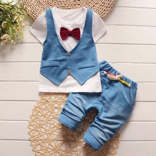 New fashion Childrens clothing boy new summer short-sleeved suit kids shorts bow autumn gentleman suit baby T-shirt
