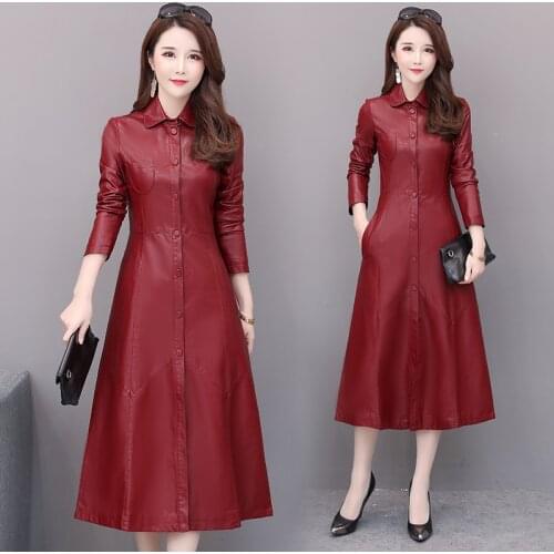 Spring coat ladies Pu leather Korean version long autumn fashion coat locomotive leather windbreaker faux leather slim black