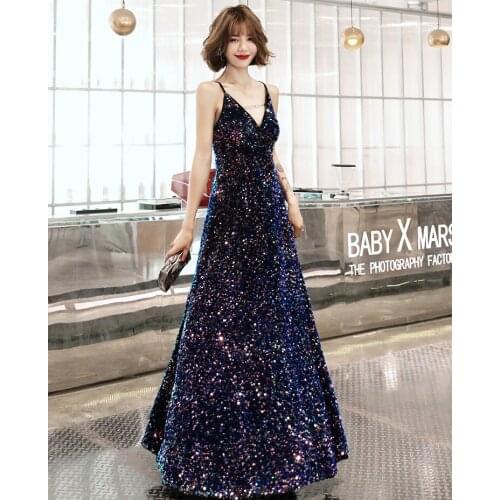 Spaghetti Straps V Neck Evening Gown Lace Sequins A-line Floor Length Prom Dress Custom Made