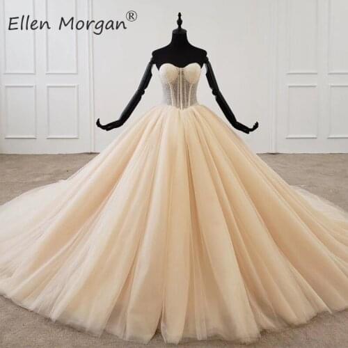 Champagne Ball Gowns Wedding Dresses 2020 Sexy Sweetheart Neck Lace up Corset Stones See Through Bohemia Bridal Gowns for Women