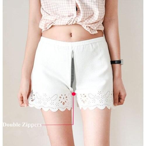 Crotchless Safety Short Pants Sexy Underwear Homewear Outdoor Sex Clothes Hidden Double Zippers Trousers Hosen Frauen Lady Short