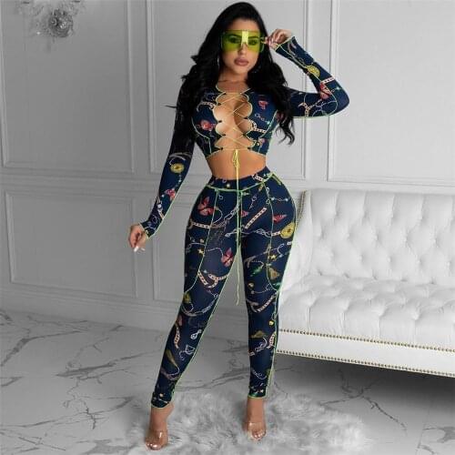 Sexy Christmas Club Night Party 2 Piece Outfits Womens Set Lace Up Bandage Hollow Out Crop Tops and Pant Leggings Matching Sets