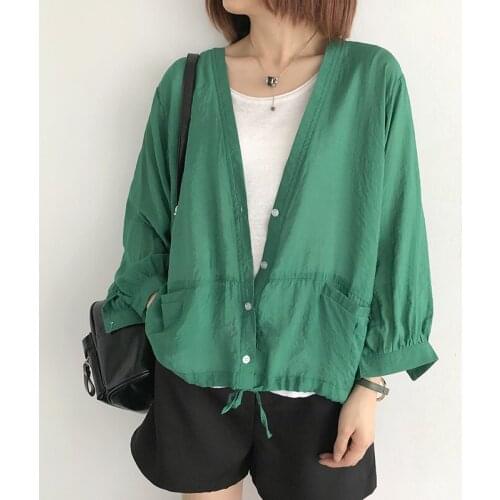 Thin Sun Protection Clothing Women Summer Version Loose Large Size V-neck Long-sleeved Outer Wear Air-conditioning Shirt Jacket