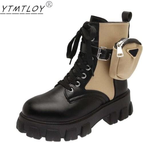 2022 Winter Ladies Pocket Boots Lace Up Ladies Ankle Boots Buckle Belt Ladies Black Thick-soled Fashion Ankle Boots