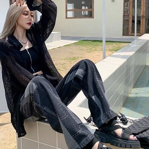 Varofi Large size womens high waist loose straight leg jeans womens design sense patch wide leg pants plaid jeans y2k jeans