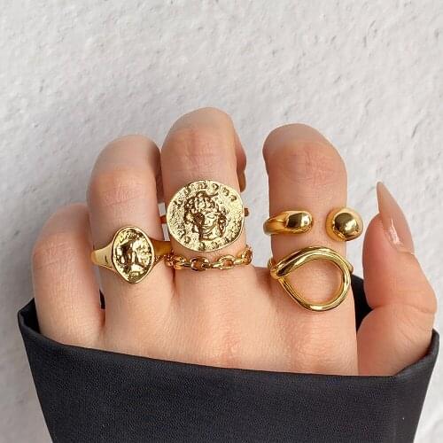 Golden Round Hollow Geometric Irregular Design Ring Set Ladies Fashion Cross Twist Open Ring Joint Ring Female Jewelry