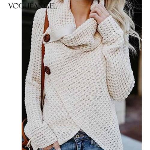 Women Winter Autumn Long Sleeve Pullover Tops Turtleneck Oblique Buttons Knitted Sweater Casual Irregular Hem Loose Tops